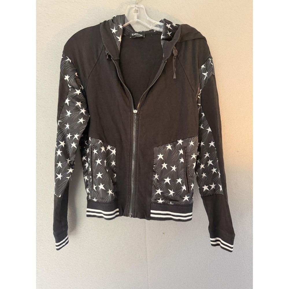 Bebe Hoodie Womens S Black Star Print Full Zip Raglan Jacket Pockets Striped Hem
